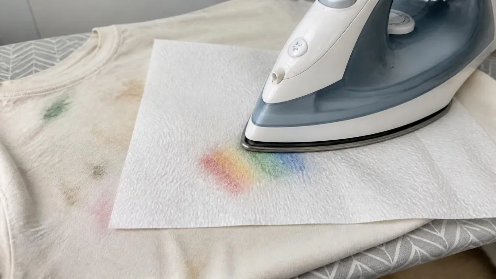 An iron pressing down on a white paper towel laid over a stained garment on an ironing board, with a faint colored crayon patch bleeding through the paper towel where the wax has transferred.