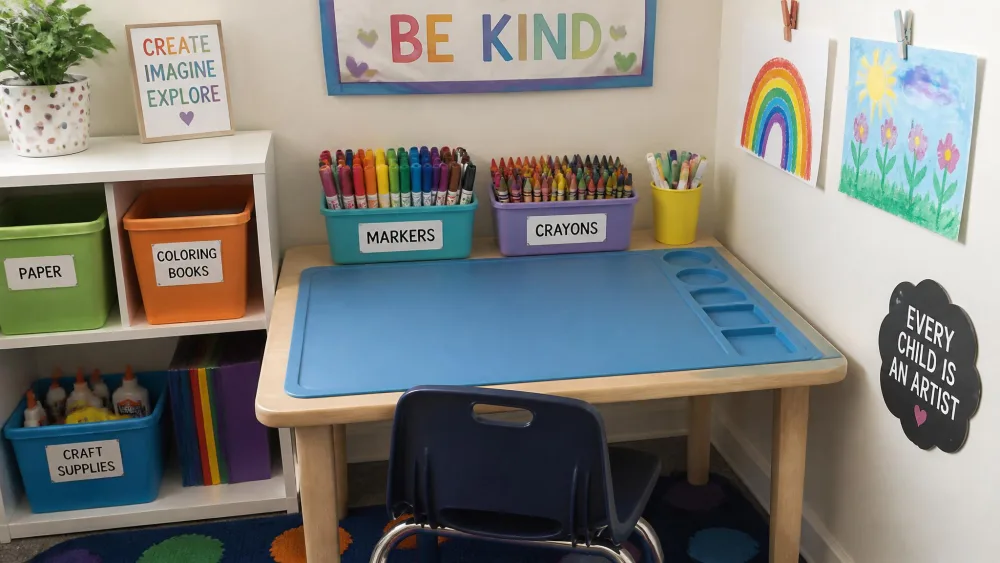 A corner art zone with a small table under a silicone craft mat, holding washable markers and crayons in labeled bins.