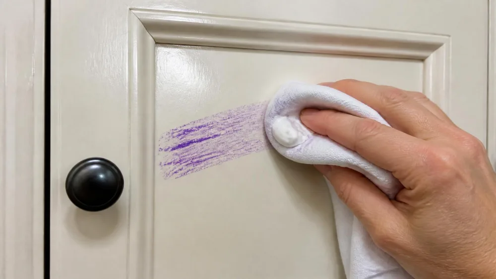 A white cloth with a dab of non-gel toothpaste rubbing a purple crayon streak off a varnished cabinet door.