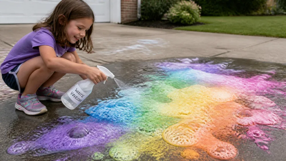 A child spraying white vinegar onto colorful baking-soda chalk paint on a driveway, making it foam and bubble.