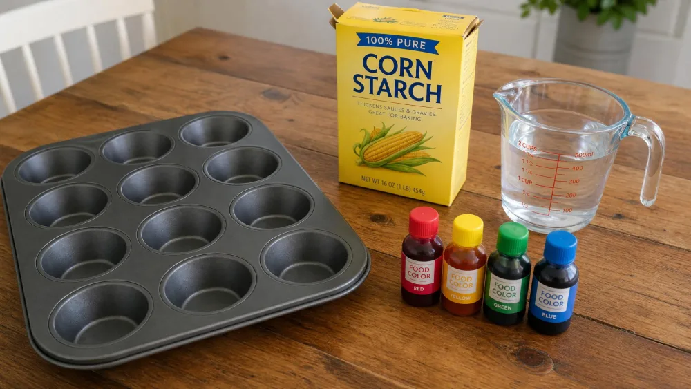 A muffin tin, a box of cornstarch, water, and small bottles of food coloring on a wooden kitchen table, ready to mix chalk paint.