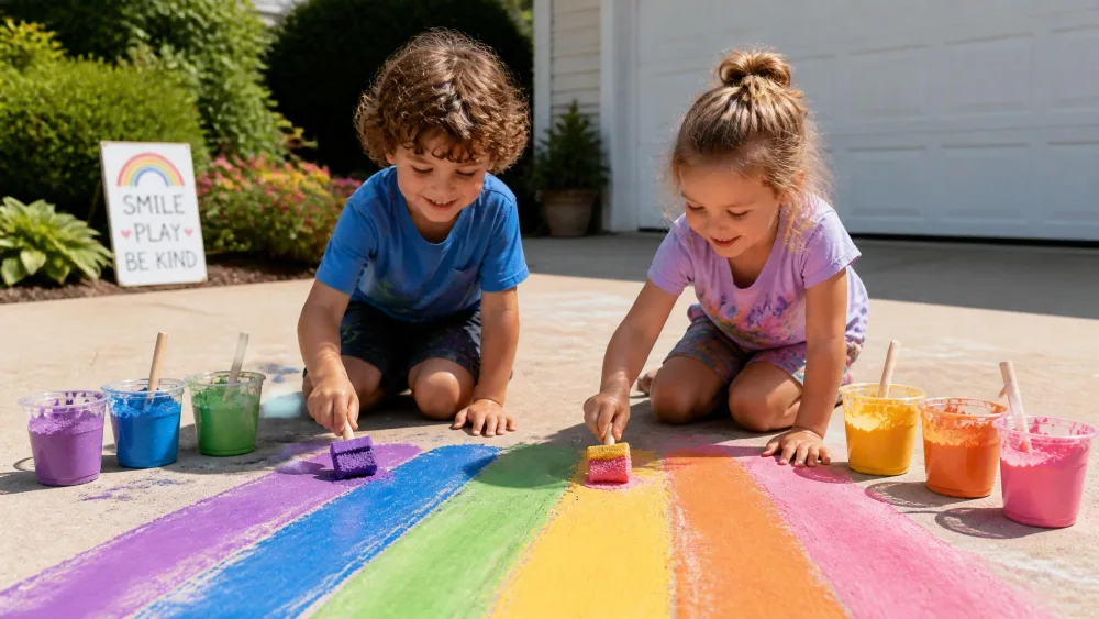 Two young children kneeling on a sunny driveway painting bright rainbow stripes with sponge brushes and cups of homemade chalk paint.