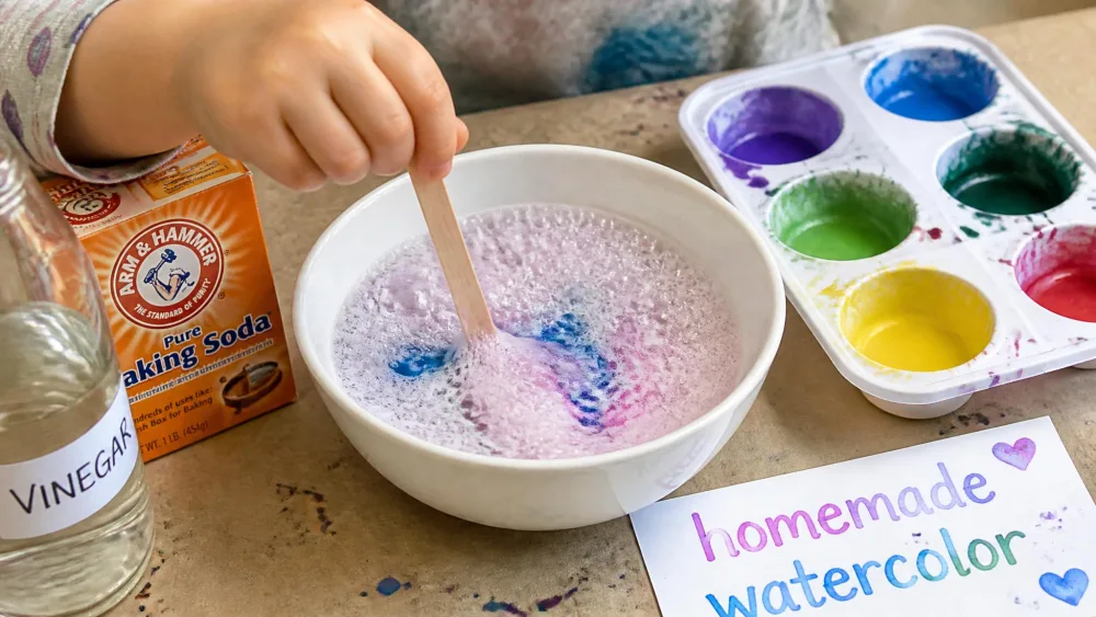 A child's hand stirring a foaming baking soda and vinegar mixture in a white bowl as it fizzes, mid-reaction, while making homemade watercolor paint.