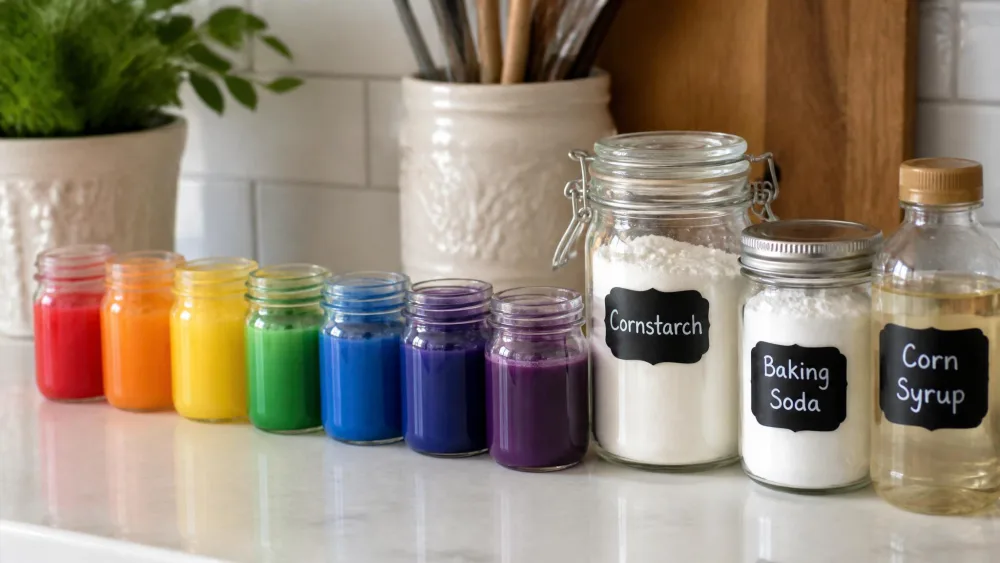 Small jars of homemade liquid watercolor paint in rainbow colors lined up on a counter beside cornstarch, baking soda, and corn syrup.