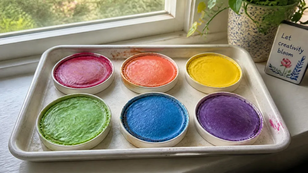 A tray of six colorful homemade watercolor cakes set out to dry on a windowsill, the surfaces just beginning to harden.