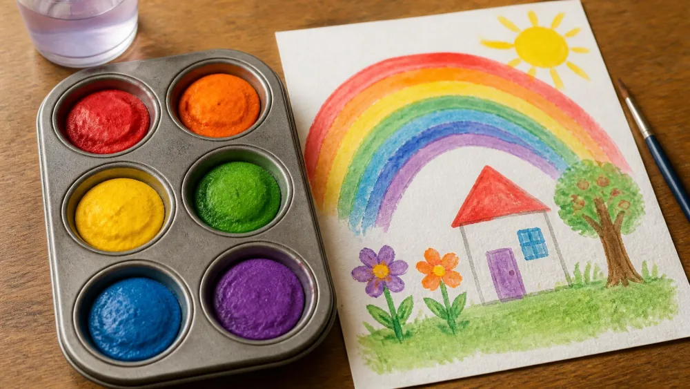 A mini muffin tin filled with six bright homemade watercolor cakes in red, orange, yellow, green, blue, and purple, beside a child's painting on a wooden table.