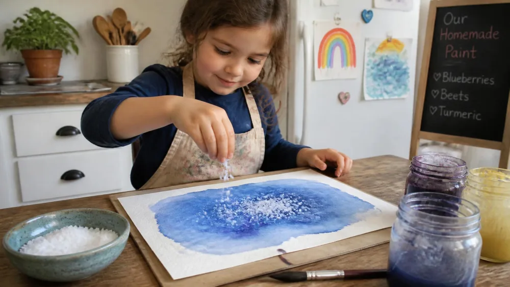 A child sprinkling coarse salt over a wet blue watercolor wash on paper to create a speckled texture, using homemade paint at a kitchen table.