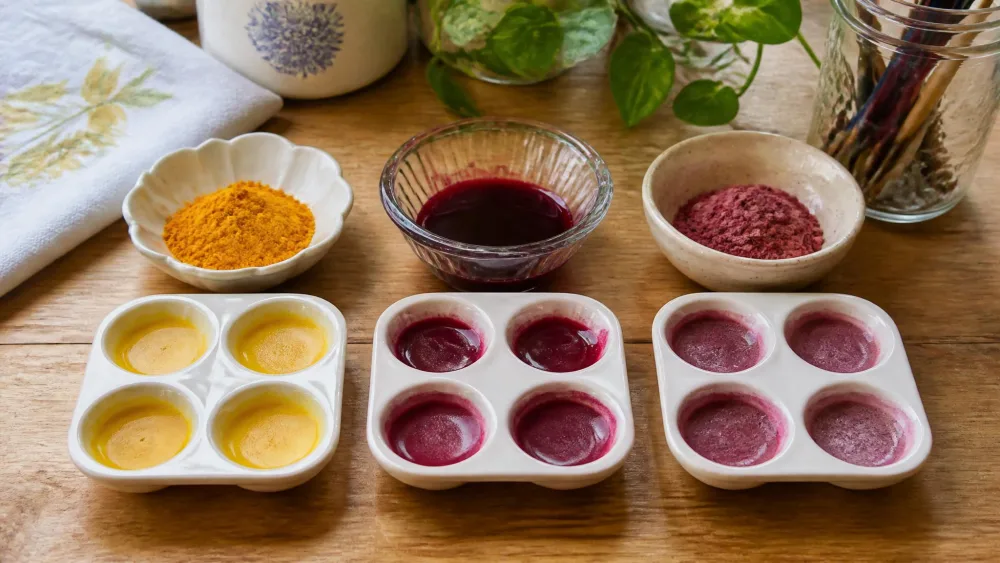 Small dishes of ground turmeric, beet juice, and fruit powder beside cups of homemade watercolor paint colored with each, on a kitchen table.