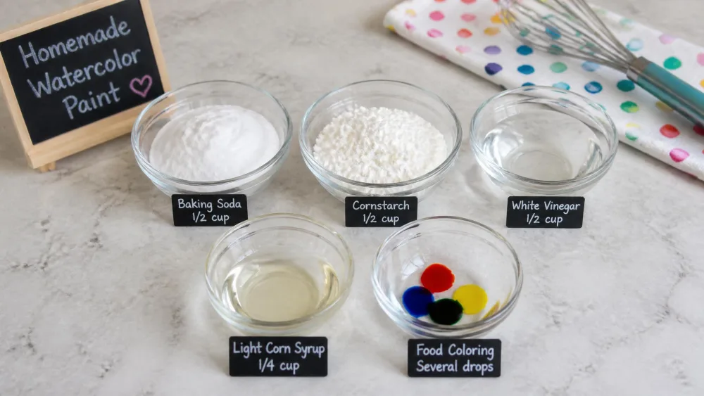 Baking soda, cornstarch, white vinegar, light corn syrup, and food coloring measured into small bowls on a counter, ready to mix into homemade watercolor paint.