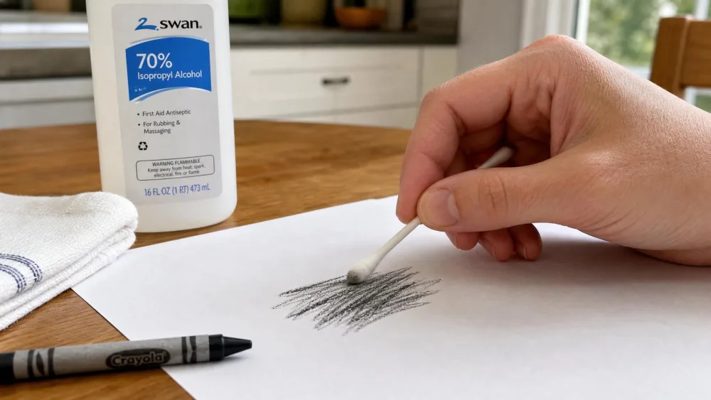 A hand using a cotton swab dipped in rubbing alcohol to dab a stubborn dark crayon mark on white paper, with a bottle of isopropyl alcohol and a clean folded cloth nearby on a kitchen table.