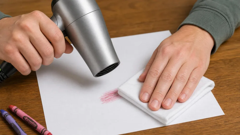 A hand holding a hair dryer on a low setting a few inches above a crayon mark on white paper, while the other hand presses a folded clean white cloth over the warmed spot to blot the softened wax.