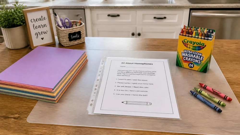 A tidy kitchen craft table with a stack of scrap coloring paper, a box of washable crayons, and a clear sheet protector holding an important printed worksheet, set up to prevent stray crayon marks.