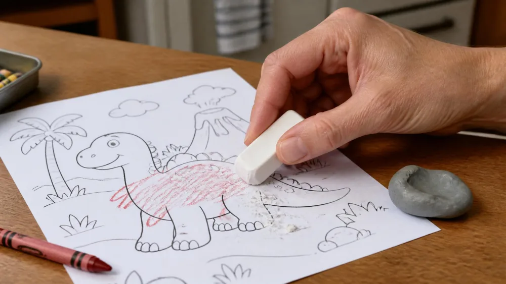 An adult hand gently rubbing a soft white vinyl eraser over a red crayon mark on a white coloring page at a wooden kitchen table, with eraser crumbs and a kneaded eraser beside the paper.