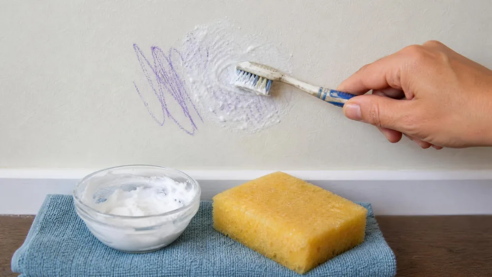 A hand holding an old toothbrush scrubbing a white baking soda paste over a crayon mark on a painted wall, with a small bowl of paste and a damp yellow sponge on a folded towel below.