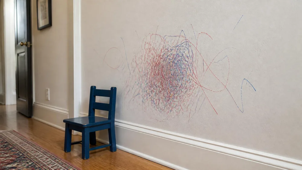 A cluster of red and blue crayon scribbles at toddler height on a matte off-white painted hallway wall, with a child's small chair pushed against the baseboard nearby.