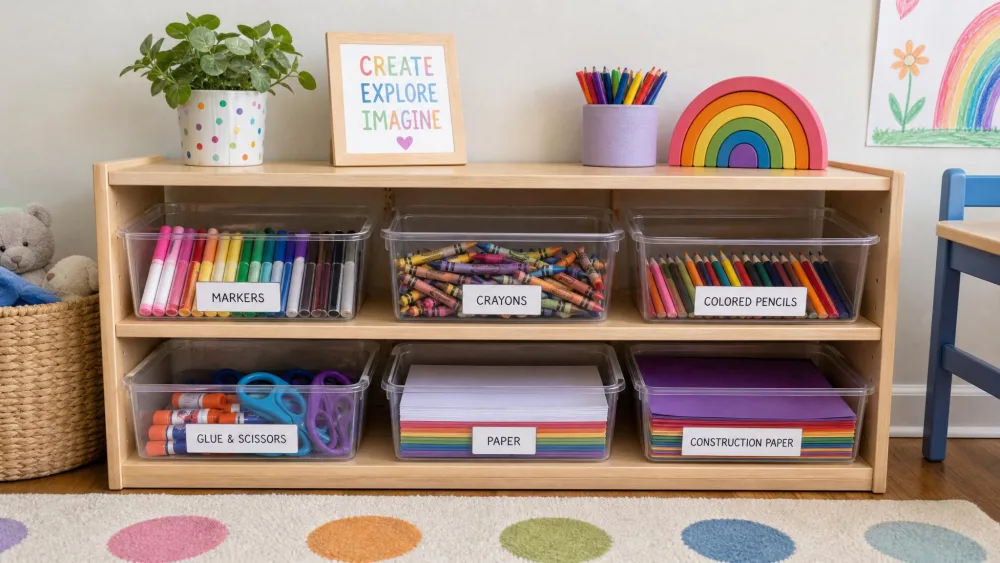 A low shelf of clear bins holding markers, crayons, and paper at a young child's height.