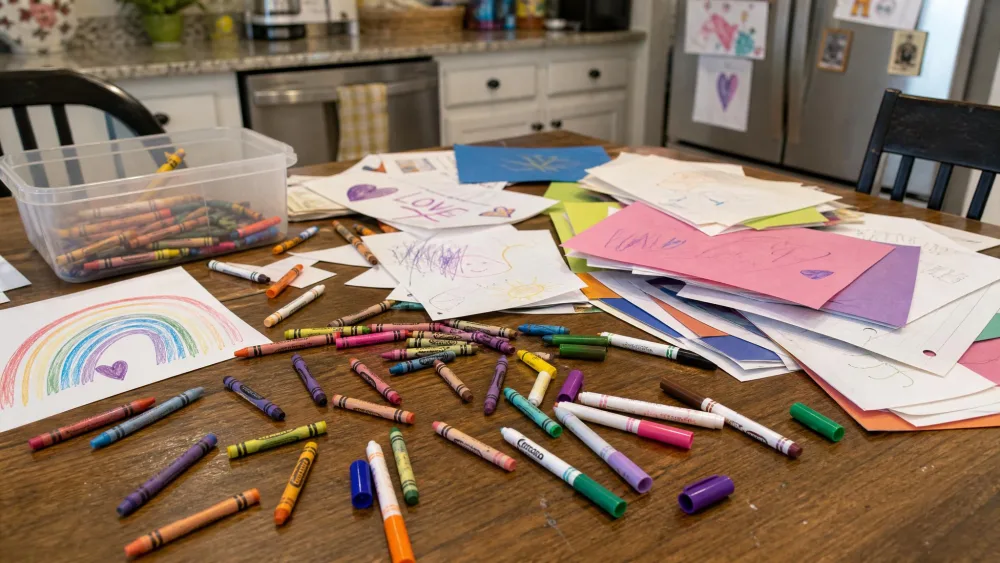 Loose crayons, uncapped markers, and scattered paper on a kitchen table before sorting.