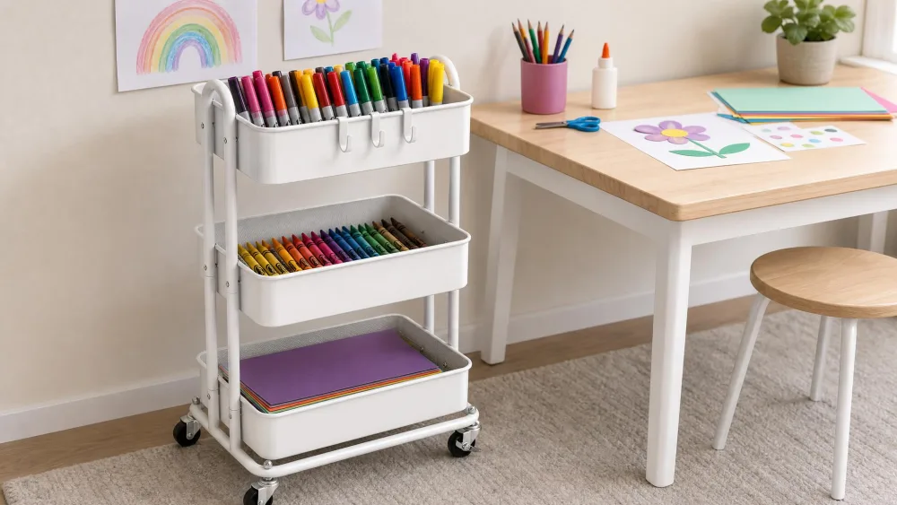 A three-tier rolling cart with markers, crayons, and paper on separate tiers beside a craft table.