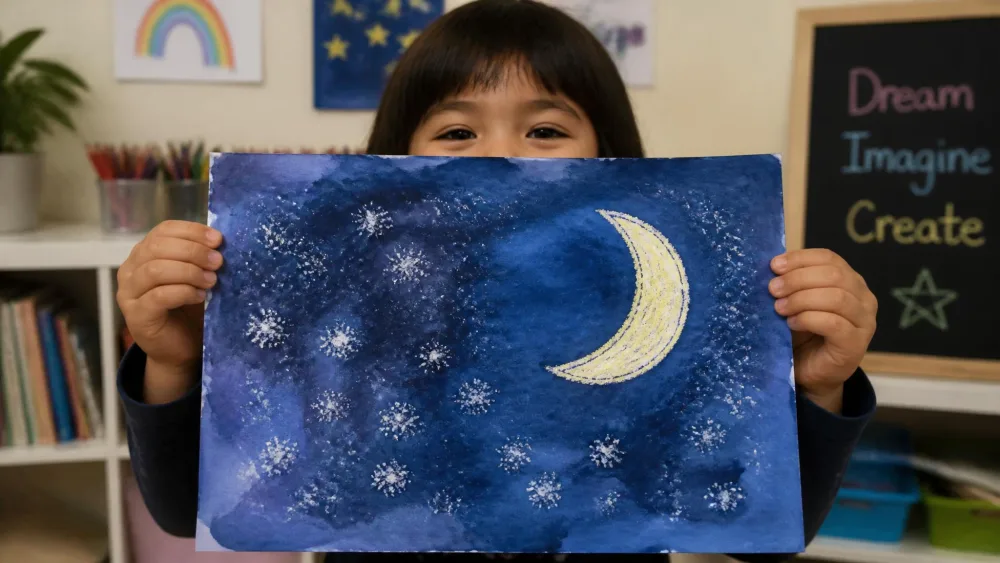 A child holding up a dark-blue watercolor night sky dotted with salt-textured stars and a crayon-resist crescent moon.