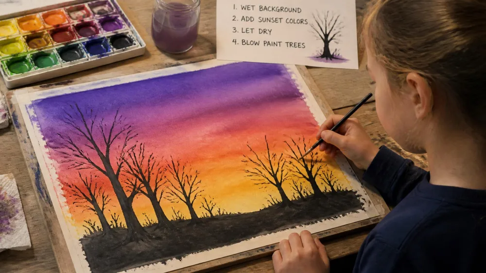 An older child painting a layered watercolor sunset, with a graded orange-to-purple sky wash and dark blow-painted trees in front.