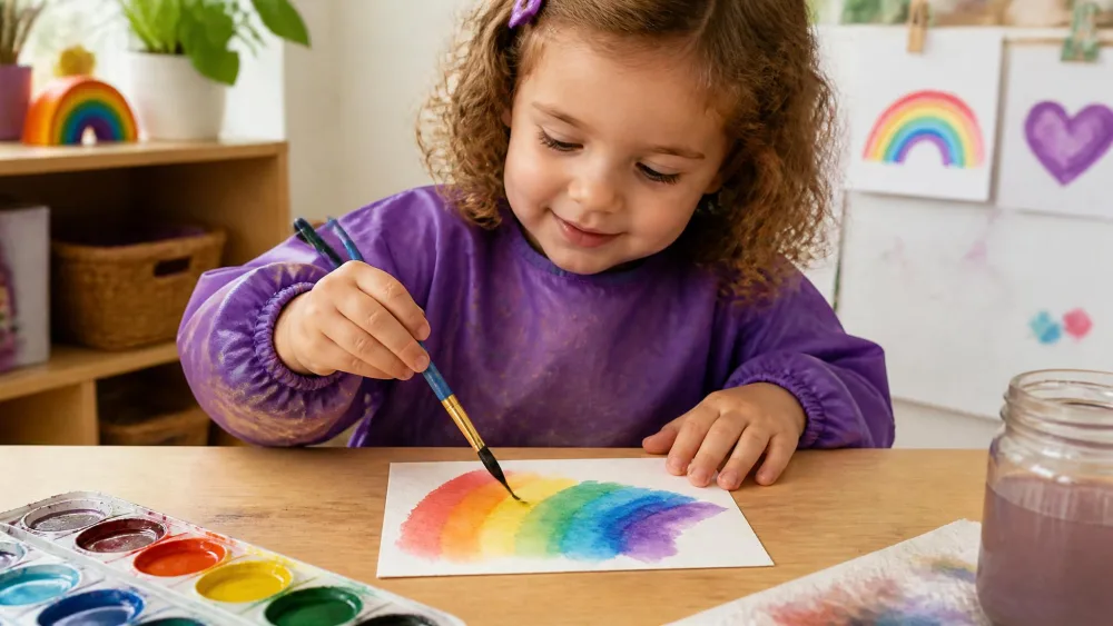 A preschooler painting a wet-on-wet rainbow on a small card, the colors softly blending into one another.