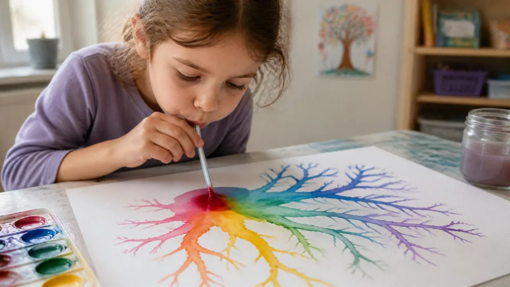 A child blowing through a straw at a puddle of liquid watercolor, pushing the paint into branching, treelike lines.