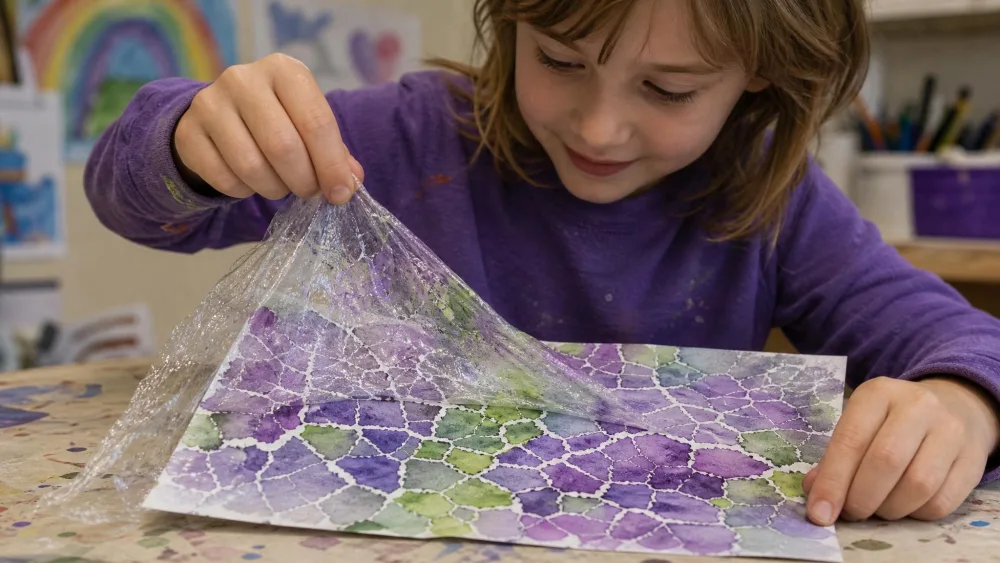 A child peeling crinkled plastic wrap off dried purple-and-green watercolor paper, uncovering a crackled, stained-glass-like pattern.