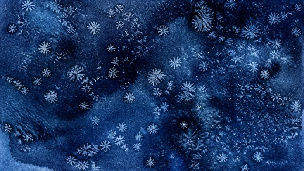 Coarse salt sprinkled over wet dark-blue watercolor, pulling the pigment into pale, starry, snowflake-like spots.
