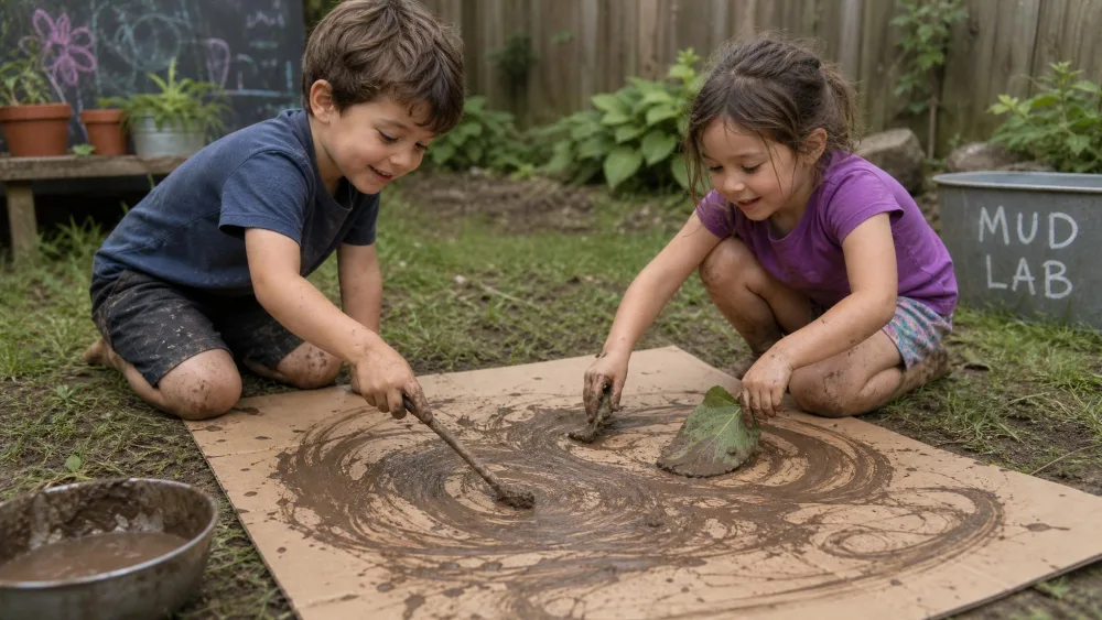 Two children painting swirls of brown mud onto a large sheet of cardboard using sticks and leaves as brushes in a backyard.