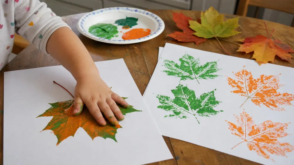 A child's hand pressing a paint-covered maple leaf onto white paper at a kitchen table, with several finished green and orange leaf prints drying nearby.