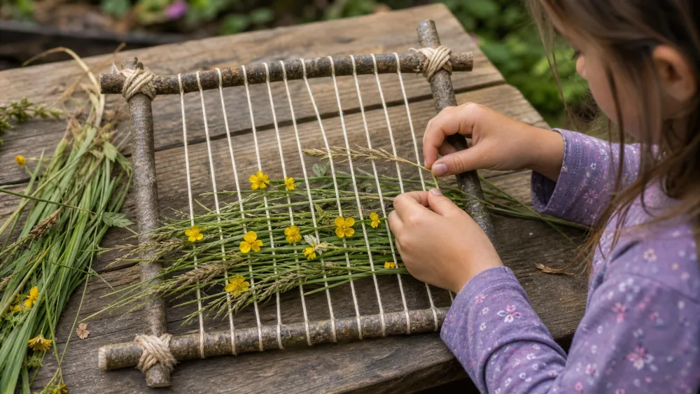 A square frame made of four sticks with yarn strung across it, with a child weaving long grasses and yellow flowers through the strings.