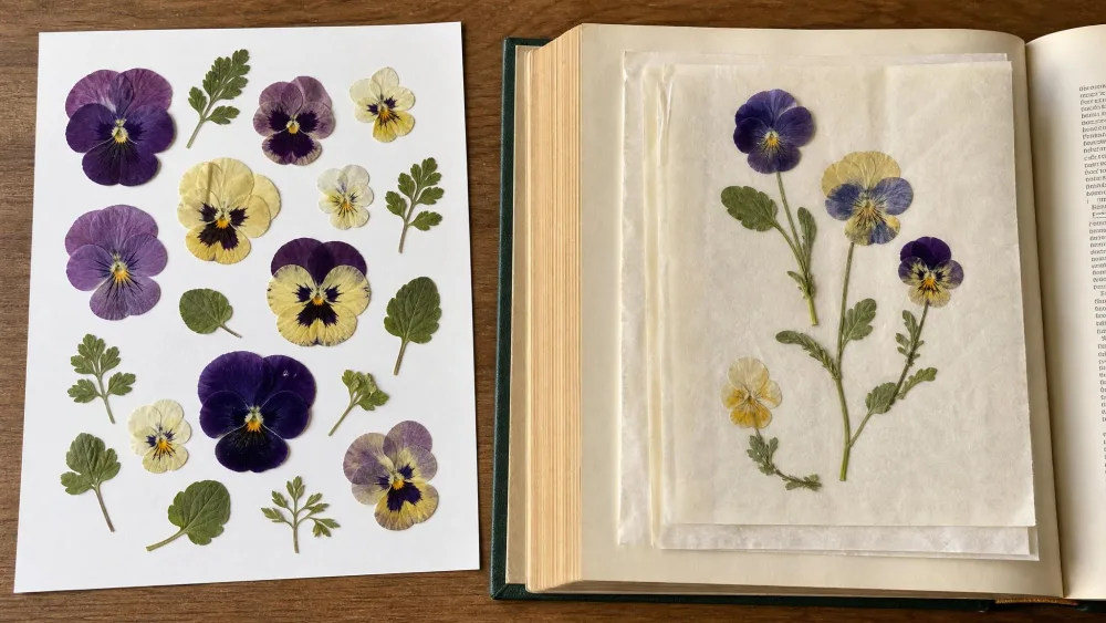 Flat pressed pansies and small leaves arranged on white card stock beside an open heavy hardcover book being used to press more flowers.