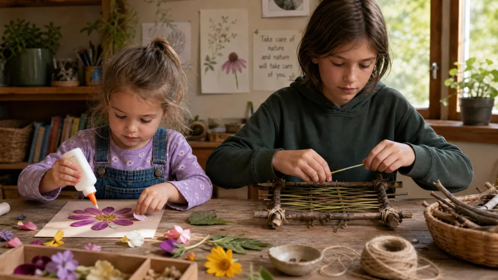 A younger and older child working side by side at a table on different nature crafts, the younger gluing petals and the older weaving a stick frame.