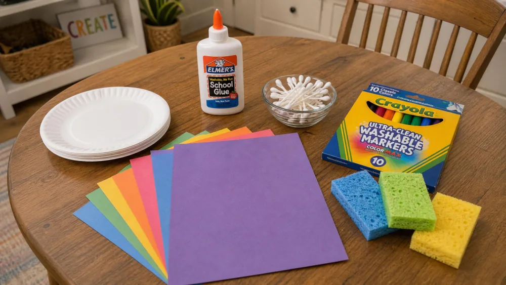 A wooden kitchen table topped with construction paper, paper plates, a bottle of white glue, q-tips, sponges, and a box of washable markers, arranged for a quick kids art session.