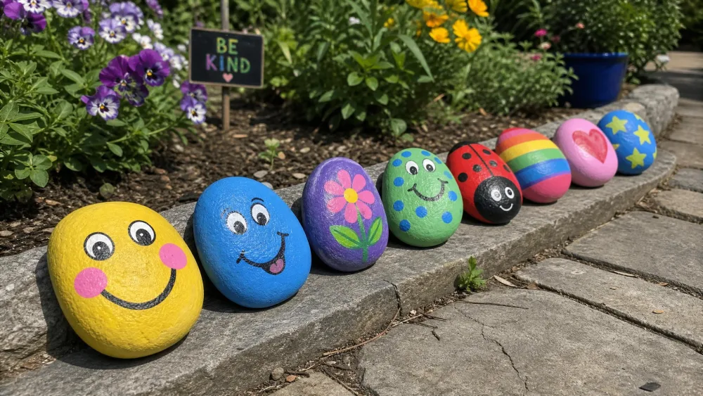 Several smooth rocks painted with bright faces and patterns by children, lined up along a garden path drying in the sun.