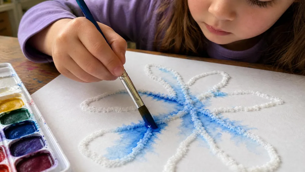 A child touching a paintbrush loaded with blue liquid watercolor to a salted glue line on paper, with the color visibly wicking outward along the design.