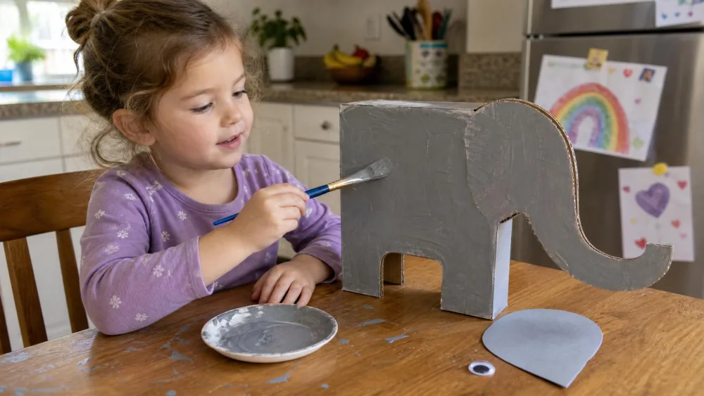A young child painting a cereal-box elephant cutout gray at a kitchen table, with a paper ear and googly eye ready to glue on beside a small dish of paint.
