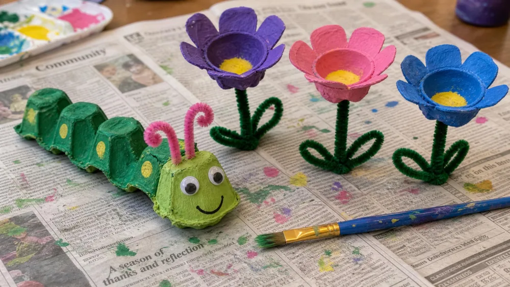 A finished egg-carton caterpillar with pipe-cleaner antennae and three painted egg-carton flowers on pipe-cleaner stems, drying on newspaper next to a child's paintbrush.