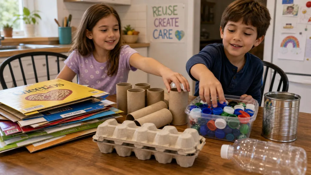 A kitchen table sorted into piles of clean recycled craft materials — flattened cereal boxes, toilet-paper rolls, an egg carton, plastic bottle caps, and a rinsed tin can — with two children reaching for supplies.