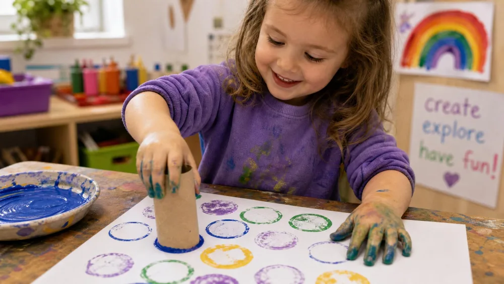 A preschooler stamping paint circles onto white paper with the end of a toilet-paper roll, a shallow dish of paint nearby, sleeves pushed up and hands happily messy.