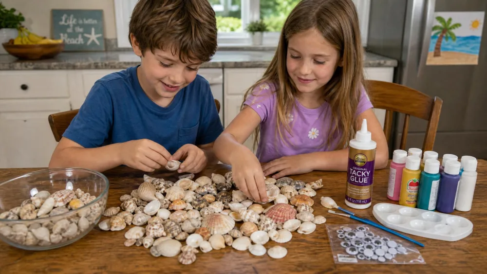 Two children sorting a pile of beach seashells at a wooden kitchen table alongside craft paint, googly eyes, and a bottle of tacky glue, ready to start a shell craft.