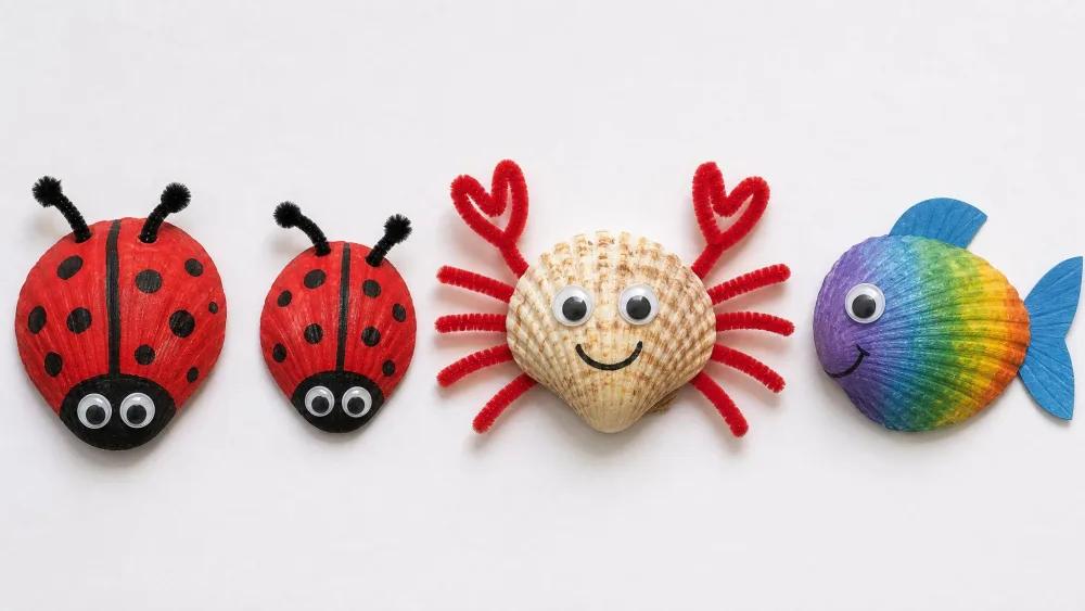 A row of finished preschool shell crafts on white paper, including red painted seashell ladybugs with black dots and a googly-eyed seashell crab with pipe-cleaner legs.