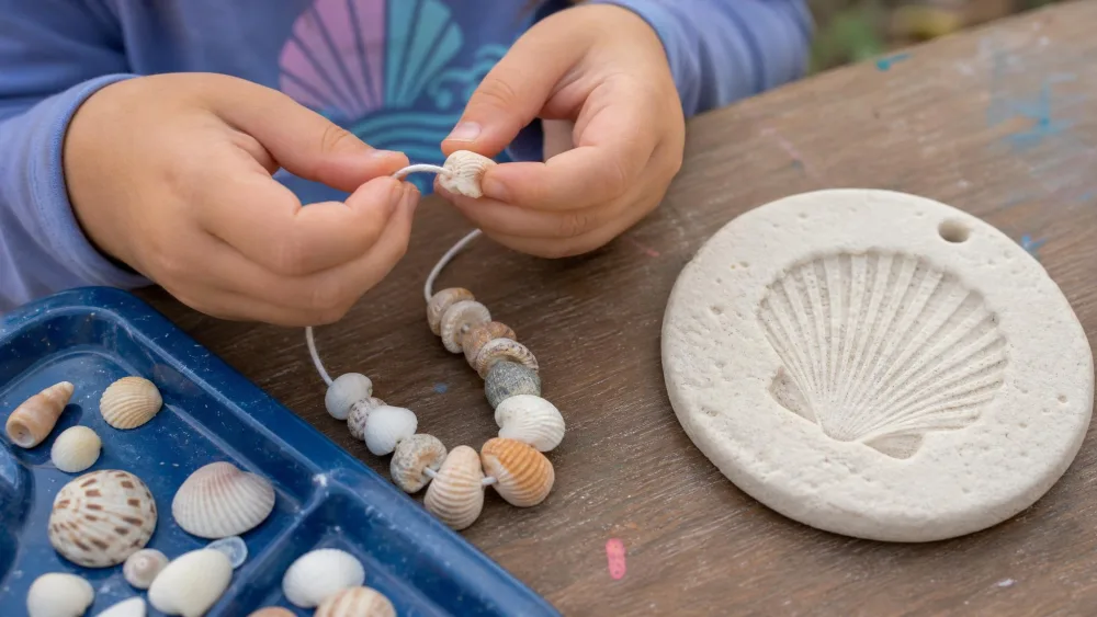 A child's hands threading small seashells onto a cord to make a necklace, next to a salt-dough round stamped with a seashell fossil impression.