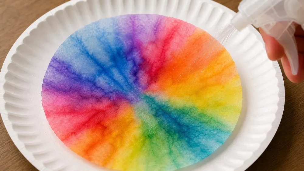 A colored coffee filter on a paper plate being misted with water, colors bleeding outward.