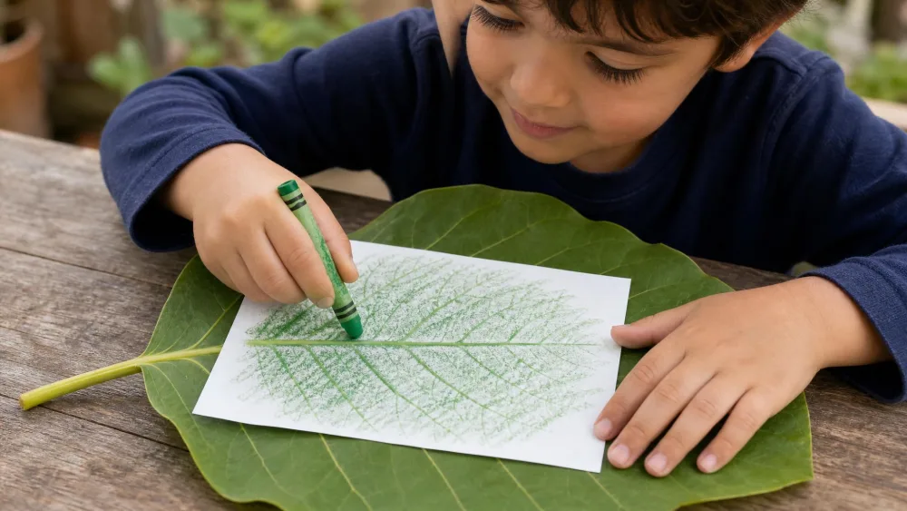 A child rubbing a green crayon over paper on a leaf, the veins appearing.