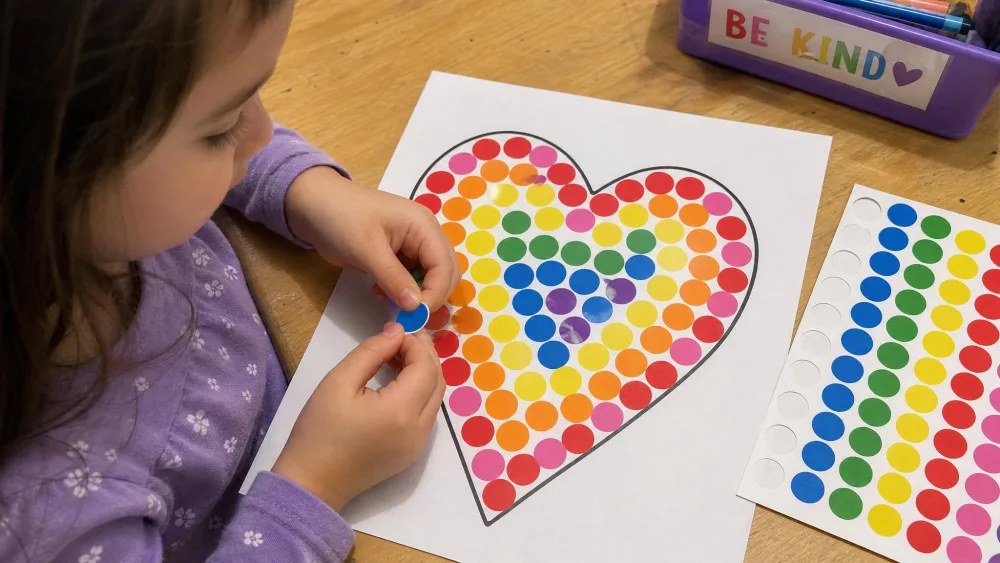 A child peeling colored round dot stickers and filling in a printed heart outline to form a mosaic.