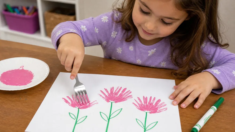 A child stamping pink flower petals with a paint-dipped fork, with green marker stems below.