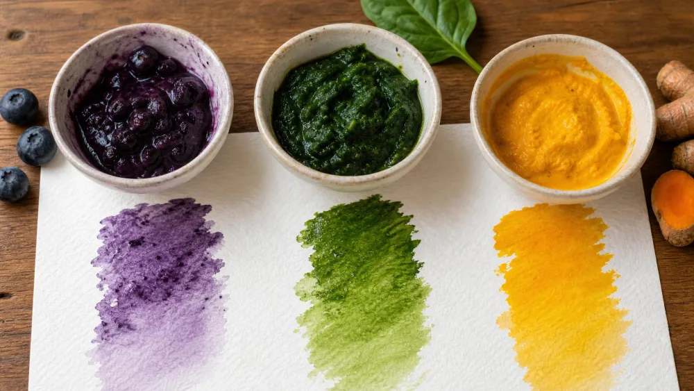 Small bowls of mashed blueberries, spinach, and turmeric used as natural paint on paper.