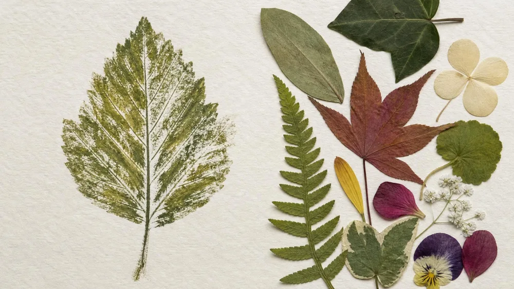 A painted leaf pressed onto paper beside a collage of real leaves and petals.
