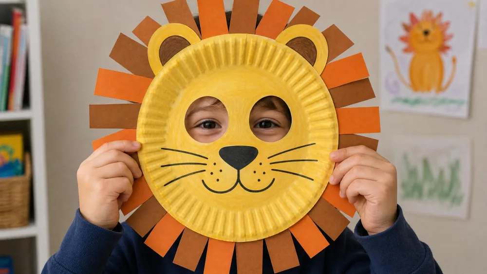 A paper plate lion mask with a paper mane and marker whiskers held to a child's face.